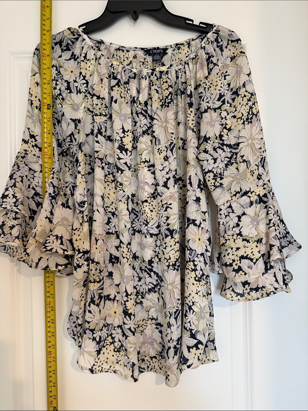 Chaps Floral Off-Shoulder Bell Sleeve Top in Navy and Cream